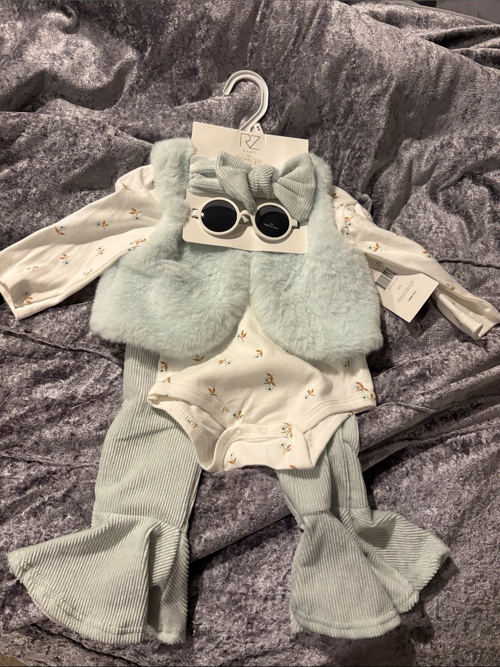 Rachel Zoe Baby Mint Green Faux Fur Vest & Ruffled Pant Set with Floral Onesie